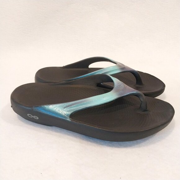 OOFOS Flip Flop Thong Sandal Womens 7 Atlantis Blue OOlala Luxe Recovery - Picture 1 of 11